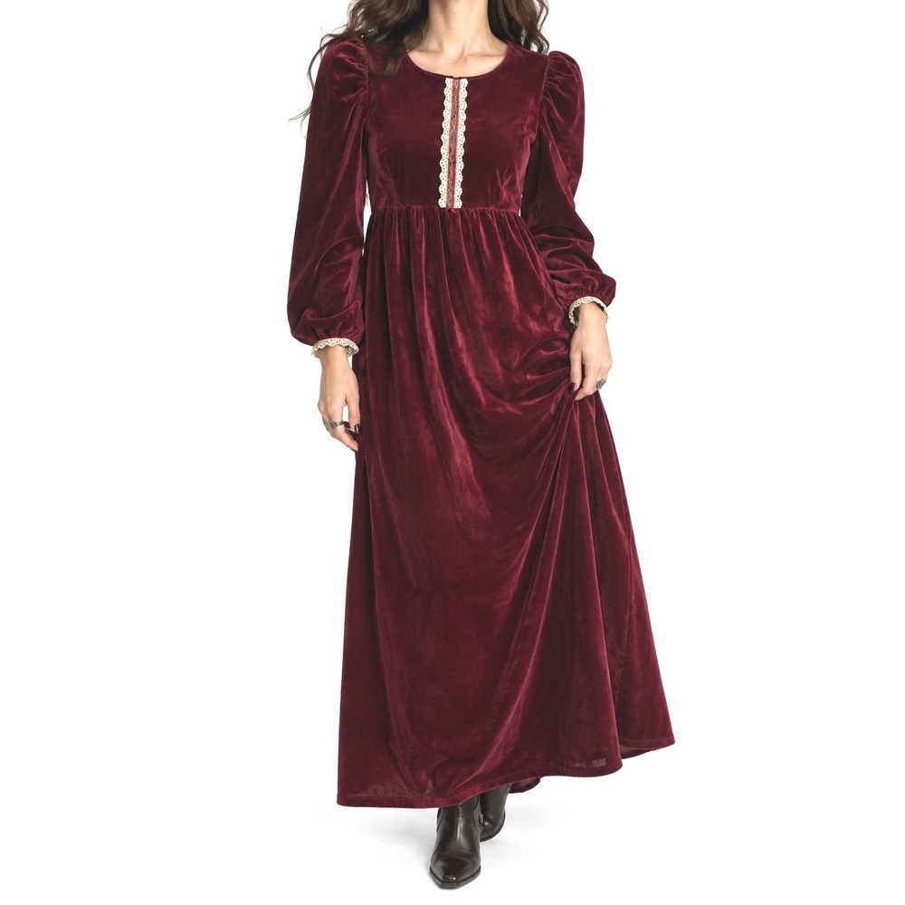 Vintage Burgundy Velvet Maxi Dress Empire Puff Dark Romantic Witchy Victorian